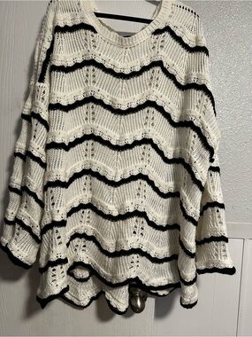 Lane Bryant Women's Open Knit Striped Pullover Sweater - White & Black 26/28